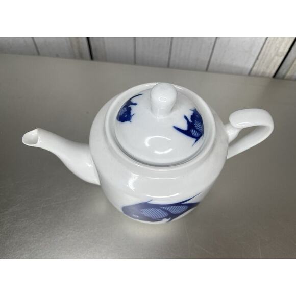 Vintage Misty Rose Koi Fish Teapot Super White China Cobalt Blue - Picture 2 of 7
